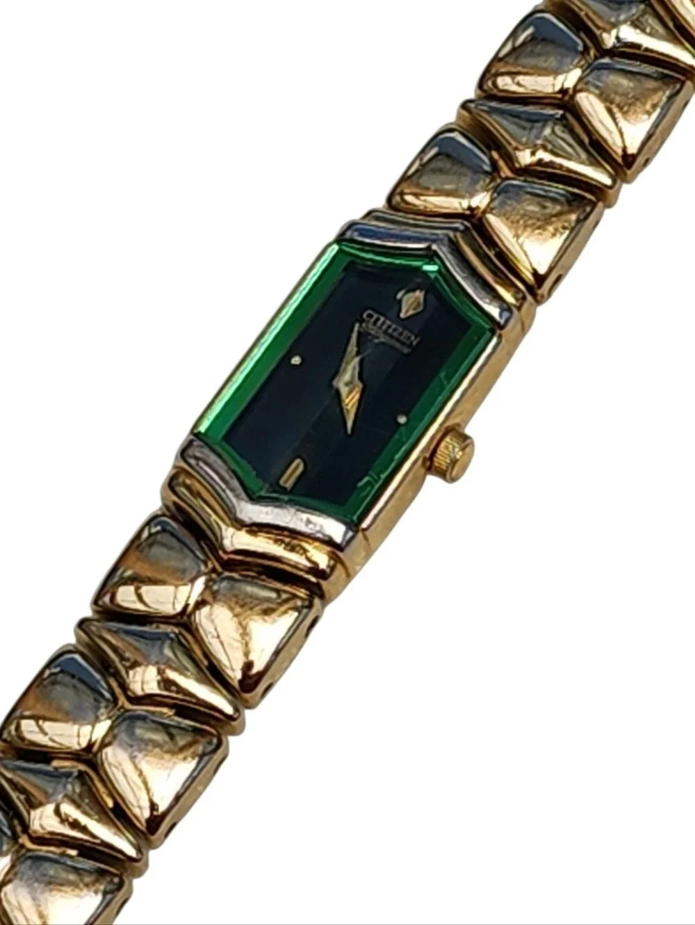 Vintage 90s Citizen Elegance 5421 Women Green Dial Gold-Tone Hexagon Watch 7.25